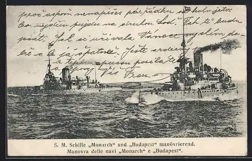 AK Kriegsschiff S. M. S. Monarch und Budapest manövrierend