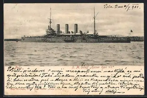 AK Kriegsschiff S. M. S. Kaiser Karl VI. in Küstennähe