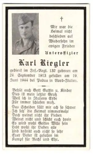 Sterbebild Karl Riegler (1913-1944), Unteroffizier des Inf.-Rgt. 132, gefallen am 19. Juni 1944 in Padua