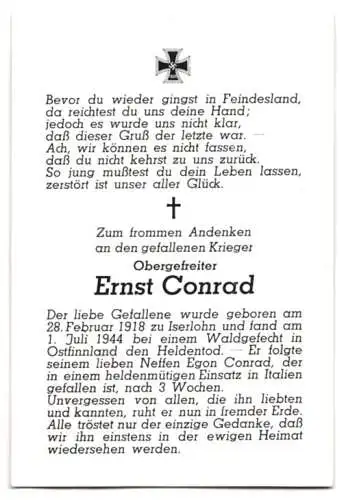 Sterbebild Ernst Conrad (1918-1944), Obergefreiter, gefallen am 01. Juli 1944 bei einem Waldgefecht in Ostfinnland