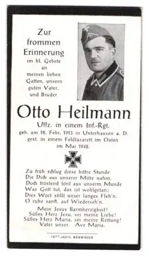 Sterbebild Otto Heilmann (1913-1942), Uffz. in einem Inf.-Rgt. verstorben im Mai 1942 in einem Feldlazarett im OSten