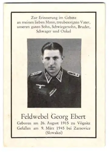 Sterbebild Feldwebel Georg Ebert (1915-1945), gefallen am 09. März 1945 bei Zarnovice (Slowakei)