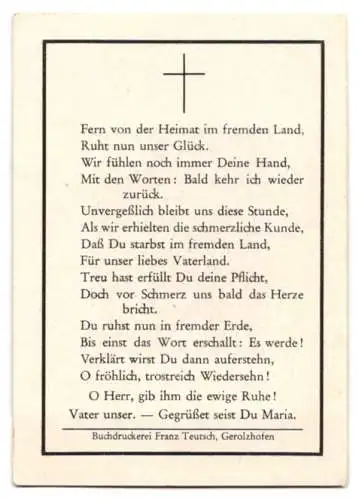 Sterbebild Feldwebel Georg Ebert (1915-1945), gefallen am 09. März 1945 bei Zarnovice (Slowakei)