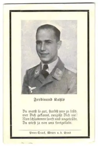 Sterbebild Ferdinand Kahls, Leutnant, Inhaber des E. K. I. und II., gefallen am 07. Sep. 1943, Abwehrkämpfe an Ostfront