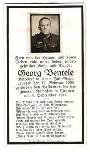 Sterbebild Georg Bentele (1906-1944), Gefreiter eines Inf.-Rgt., gefallen 04. Sep. 1944 bei schweren Kämpfen in Litauen