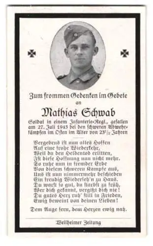 Sterbebild Mathias Schwab, Soldat eines Infant.-Rgt., gefallen am 27. Juli 1943 bei schweren Abwehrkämpfen im Osten