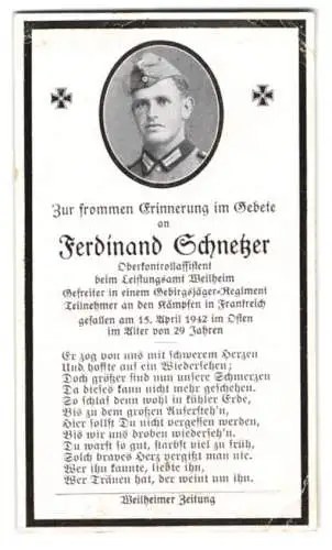 Sterbebild Ferdinand Schnetzer, Gefreiter eines Gebirgsjäger-Rgt. Oberkontr. Assistent, gefallen 15. April 1942 im Osten