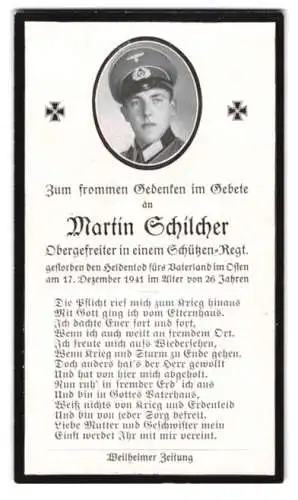 Sterbebild Martin Schilcher, Obergefreiter eines Schützen-Regiments, gefallen am 17. Dezember 1941 im Osten