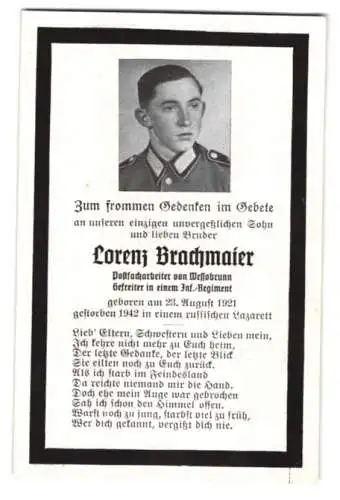 Sterbebild Lorenz Brachmaier (1921-1942), Gefreiter eines Jinf.-Rgt., gestorben 1942 in einem russischen Lazarett