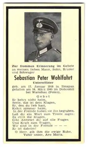 Sterbebild Sebastian Peter Wohlfahrt (1910-1945) Unteroffizier, gefallen am 10. März 1945 in Dobromil bei Warschau