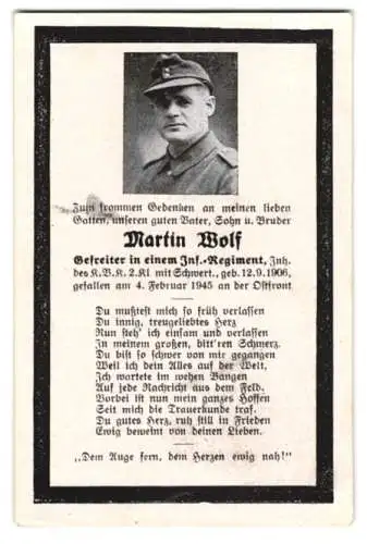 Sterbebild Martin Wolf (1906-1945), Gefreiter im Inf.-Rgt., Inh: K.V.K. 2 Kl. mit Schwert, gefallen 4. 02. 1945 Ostfront