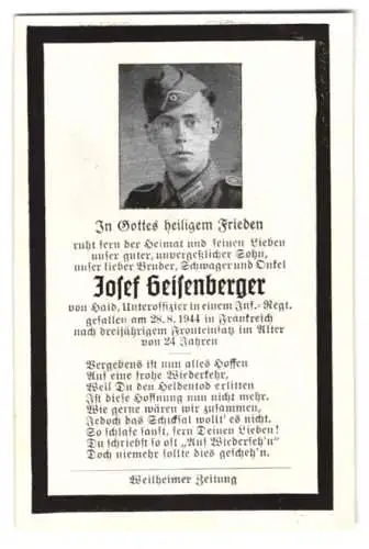 Sterbebild Josef Geisenberger von Haid, Uffz. Inf.-Rgt., gefallen 28.8.1944 in Frankreich nach 3 jährigem Fronteinsatz