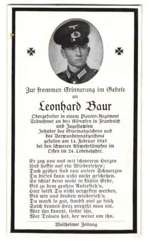 Sterbebild Leonhard Baur, OGefr. Pionier-Rgt., Inh: Sturmabzeichen & Verwundetenabz., gefallen 14.02.1943 im Osten