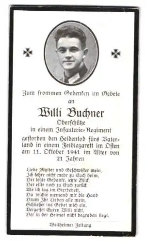 Sterbebild Willi Buchner, Oberschütze eines Inf.-Rgt., verstorben am 11. Oktober 1941 im Feldlazarett im Osten