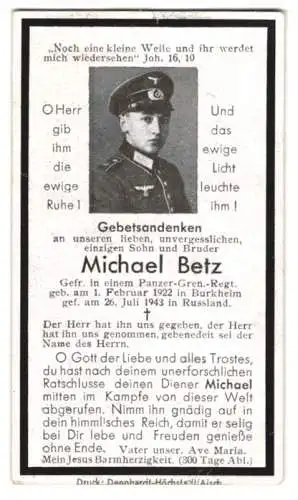 Sterbebild Michael Betz (1922-1943), Gefr. Panzer-Gren.-Regiment, gefallen am 26. Juli 1943 in Russland