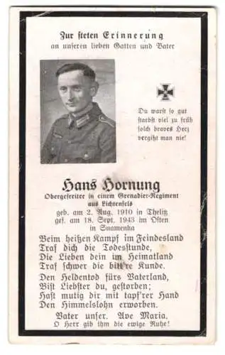 Sterbebild Hans Hornung (1910-1943), OGefr. Grenadier-Rgt., gefallen am 18. Sept. 1943 im Osten in Snamenka / Ukraine