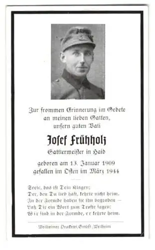 Sterbebild Josef Frühholz, Sattlermeister in Haud, gefallen März 1944 im OSten