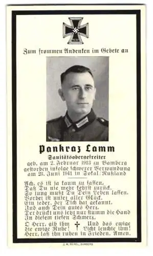 Sterbebild Pankraz Lamm (1913-1941), Sanitätsobergefreiter, gefallen am 23. Juni 1944 nach schwerer Verwundung in Sokal