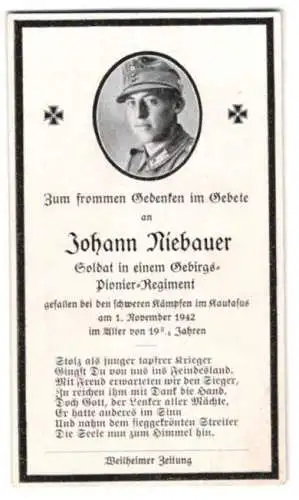 Sterbebild Johann Niebauer, Soldat Gebirgs-Pionier-Rgt., gefallen am 01. Nov. 1942 bei schweren Kämpfen im Kaukasus