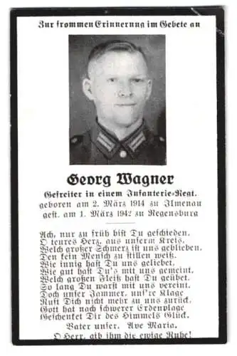 Sterbebild Georg Wagner (1914-1942), Gefreiter eines Inf.-Rgt., gestorben am 01. März 1942 in Regensburg