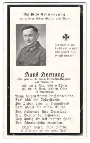 Sterbebild Hans Hornung (1910-1943), Obergefreiter Grenadier-Rgt., gefallen am 18. Sep. 1943 in Snamenka im Osten