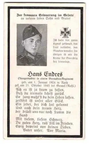 Sterbebild Hans Endres (1924-1943), Obergrenadier im Grenadier-rgt., gefallen am 21. Okt., 1943 in Gomel / Russland