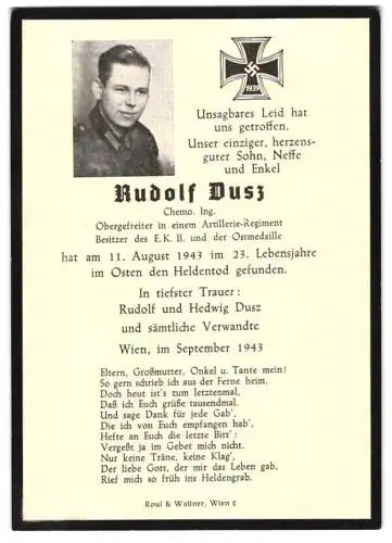 Sterbebild Rudolf Dusz, OGefr., Artil.-Rgt., Inh: E.K. II & Ostmedaille, gefallen am 11. August. 1943 im Osten