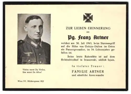 Sterbebild Pg. Franz Artner, Panzergrenadier, gefallen beim Sturmangriff auf die Höhe von Goloja-Dolina