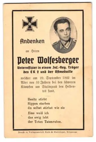 Sterbebild Peter Wolfesberger, Uffz. Inf.-Rgt., Träger E.K.II. & Ostmedaille, gefallen 29. Sep. 1942 Kampf um Stalingrad