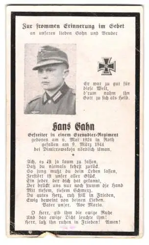 Sterbebild Hans Sahn (1924-1944), Gefr. Grenadier-Rgt., gefallen am 09. März 1944 bei Dimitrowskoja