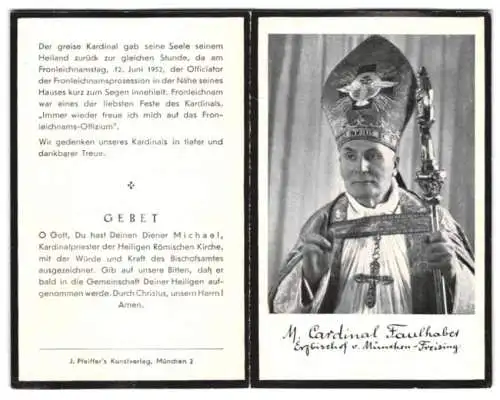 Sterbebild Michael von Faulhaber, Erzbischof v. München & Freising, Kardinalpriester Hl. röm. Kirche, gest. 12.06.1952