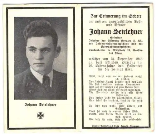 Sterbebild Johann Seirlehner, Gefreiter, Inh: E.K. 2 Kl., Infanteriesturmabzeichen & Verwundetenabzeichen, gefallen 1943