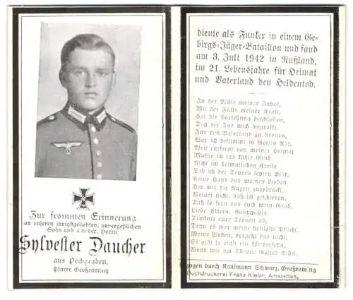 Sterbebild Sylvester Daucher, Funker im Gebirgs-Jäger-Batl., gefallen am 3. Juli 1942 in Russland