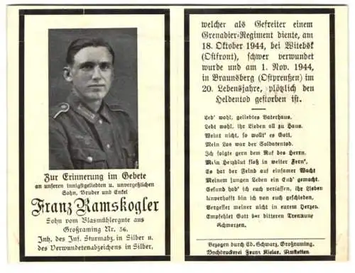 Sterbebild Franz Ramskogler, Gefreiter Grenadier-Rgt., Inh: Inf. Sturmabzeichen Silber & VWA, gefallen 18. Okt. 1944