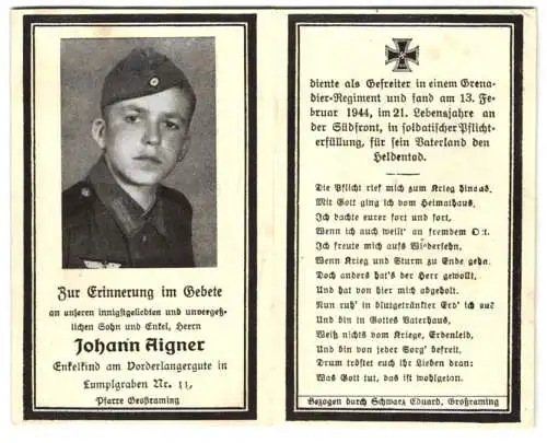 Sterbebild Johann Aigner, Gefreiter Greandier-Rgt., gefallen am 13. Februar 1944 an der Südfront