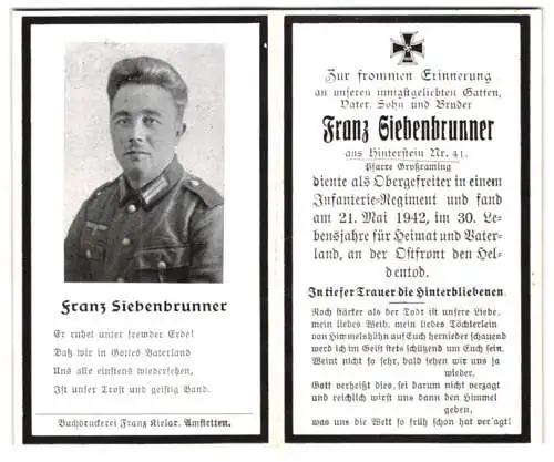 Sterbebild Franz Siebenbrunner, Obergefreiter Inf.-Rgt., gefallen am 21. Mai 1942 an der Ostfront