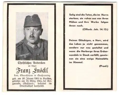 Sterbebild Franz Knöckl (1901-1944), Kom. Ober-Lehrer, gefallen am 10 März 1944 in Grigorevka und dort begraben