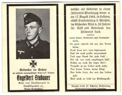 Sterbebild Engelbert Stubauer, Gefreiter Inf.-Pionierzug, gefallen am 17. August 1944 bei Lukawa