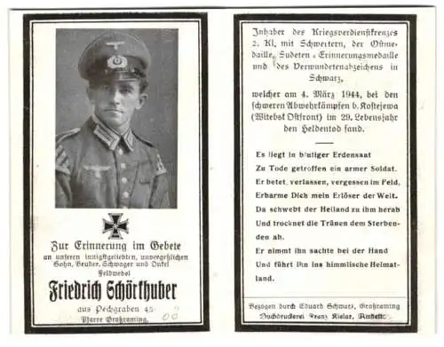 Sterbebild Friedrich Schörkhuber, Inh: KVK 2. Kl. m. Schwertern, Ostmedaille, Sudeten-erinnerungsmedaille, VWA, 1944