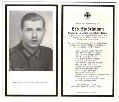 Sterbebild Leo Stadelmann (1916-1942), OGefr. Inf.-Rgt., Inh KVK m. Schwertern, Ostmedaille, VWA, gefallen 1942 Donbogen