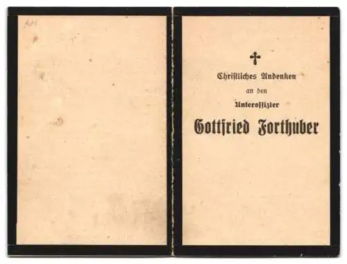 Sterbebild Gottfried Forthuber, Uffz. Art.-Rgt., Inh: E.K. II., Winter-Ostmedaille, VWA in Schwarz, gefallen 29.09.44