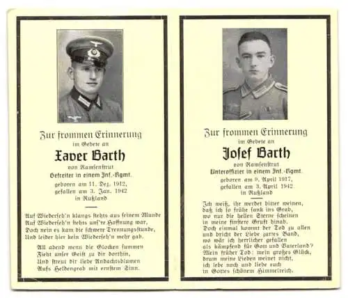 Sterbebild Xaver Barth & Josef Barth, Gefreiter & Uffz. Inf.-Rgt., gefallen am 3. Januar und am 3. April 1942 in Russland