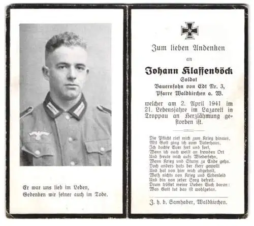 Sterbebild Johann Klassenböck, verstorben am 3. April 1941 im Lazarett Troppau an Herzlähmung