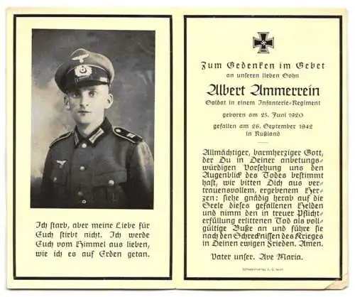 Sterbebild Albert Ammerrein (1920-1942), Soldat Inf.-Rgt., gefallen am 26. September 1942 in Russland