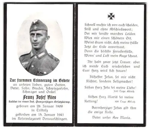 Sterbebild Franz Josef Ries (1909-1941), Soldat Inf.-Panzerjäger-Ersatzkomp., gestorben 15.01.1941 Lazarett Donauesching