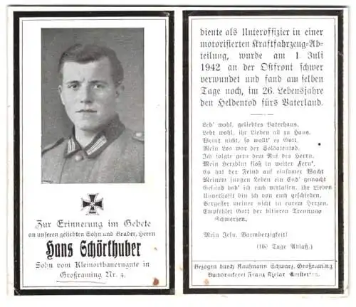 Sterbebild Hans Schörthuber, Uffz. in motorisierter Kraftfahrzeug-Abtl., gefallen am 01. Juli 1942 an der Ostfront