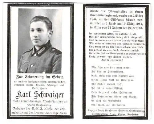 Sterbebild Karl Schwaiger, Inh: E.K. 2, OStmedaille & VWA, Obergefreiter Grenadierreg., gefallen 19. März 1944