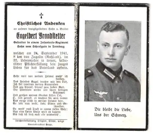 Sterbebild Engelbert Brandstetter, Gefreiter Infant.-Rgt., gefallen am 24. September 1941 bei Jagolin / Russland