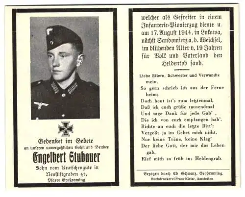 Sterbebild Engelbert Stubauer, Gefreiter Inf.-Pionierzug, gefallen am 17. August 1944 in Lukawa