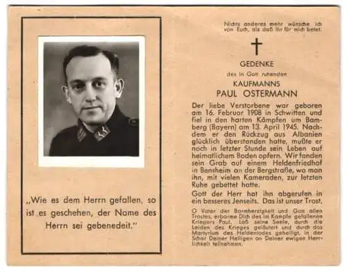 Sterbebild Paul Ostermann (1908-1945), Soldat der Luftwaffe, Gefallen auf heimischen Boden am 13. April 1945 in Bamberg